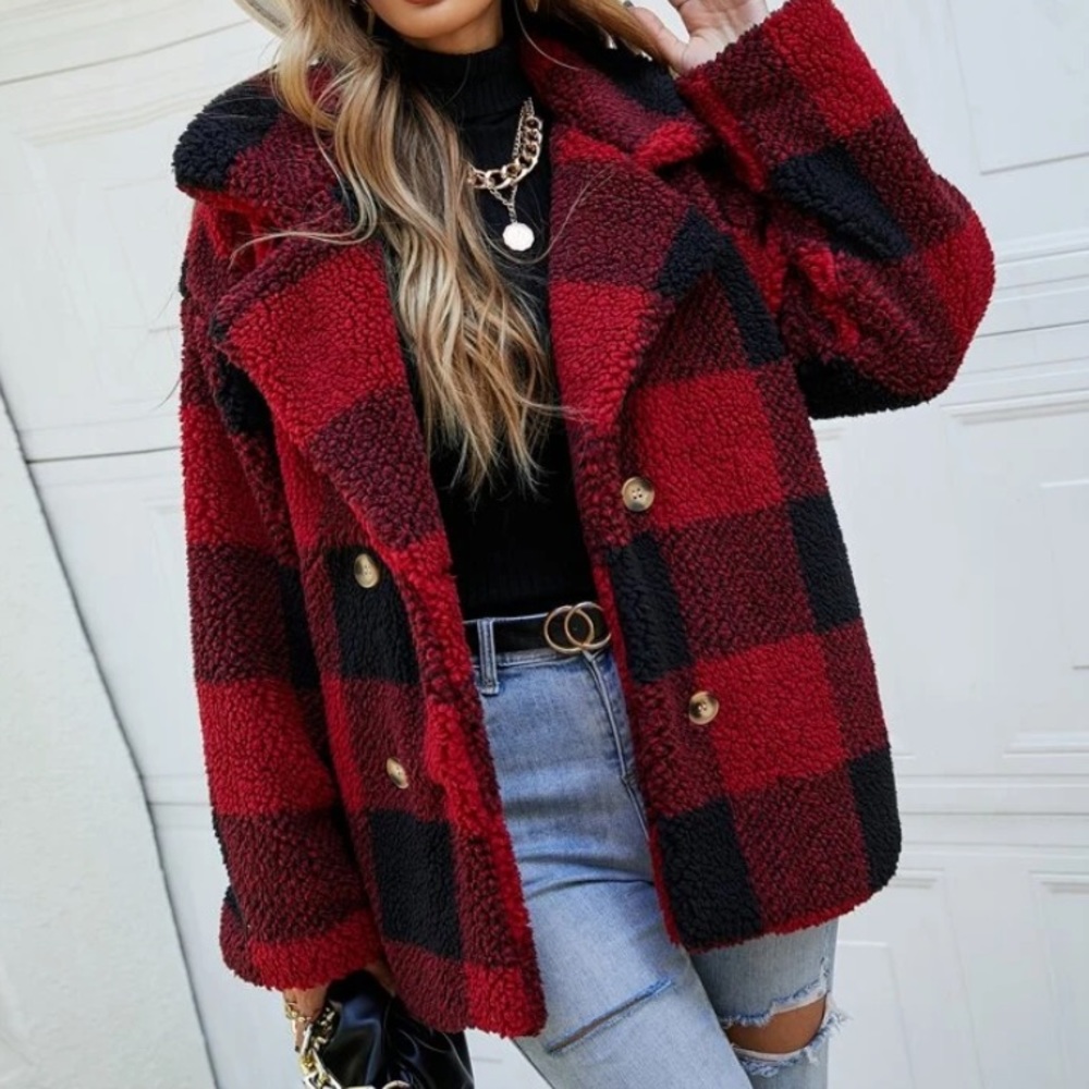 Red Plaid Buffalo Faux Shearling Teddy Coat
